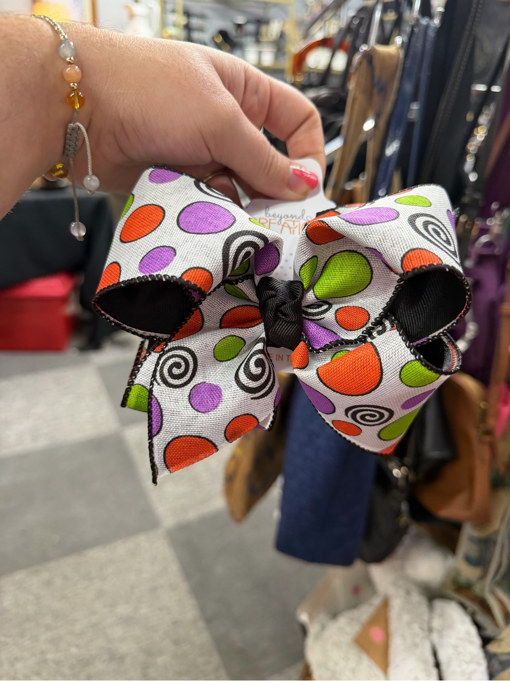 Accessorize White Hair Bow with Orange, Purple & Green Polka Dots